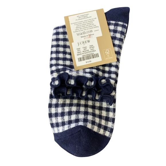 J.Crew Ruffle Ankle Socks Navy Gingham Check New With Tags - Picture 3 of 4